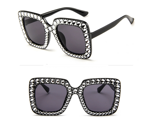 Oversized square sunglasses with clear peach frames, brown lenses, and clear faceted rhinestones around the edges. - Image 3