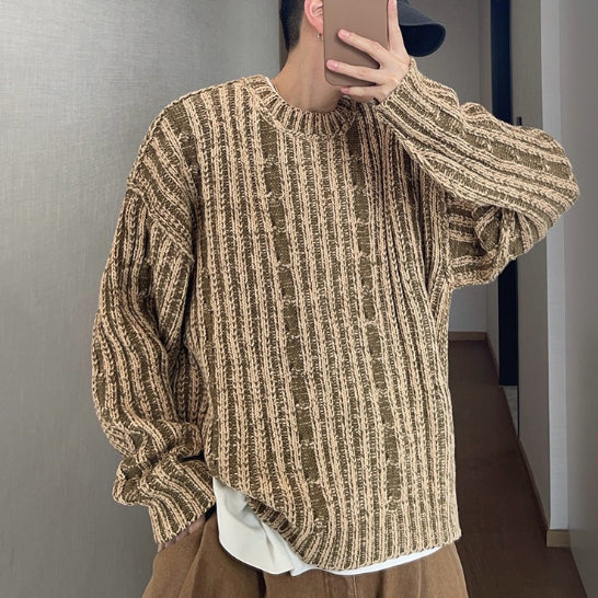 Suéter Retro Holgado Verde Caqui con Textura Acanalada Doble Cara para Hombre