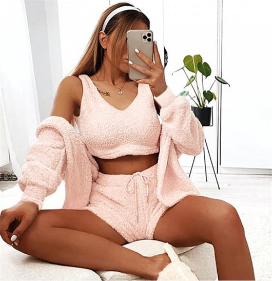Conjunto de Pijama de Tres Piezas de Felpa Suave para Casa - Image 5