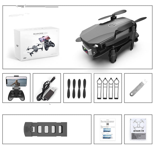 Gray folding drone with 4K camera, remote control, spare propellers, propeller guards, charging cable, and battery. - Image 6