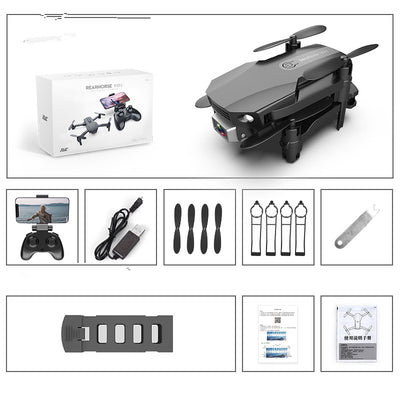 Gray folding drone with 4K camera, remote control, spare propellers, propeller guards, charging cable, and battery. - Image 6