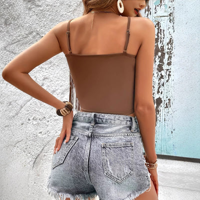 Blusa Escotada con Borlas Ajustada para Verano - Colores Lisos - Image 2