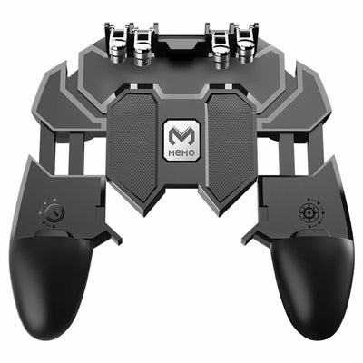 Black AK66 mobile gaming controller with four silver triggers and ergonomic grips for six-finger gameplay.