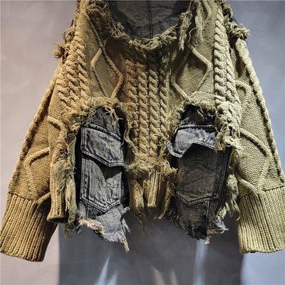 Suéter de Cuello Redondo Denim con Tejido Trenzado y Costuras de Diseño - Image 4
