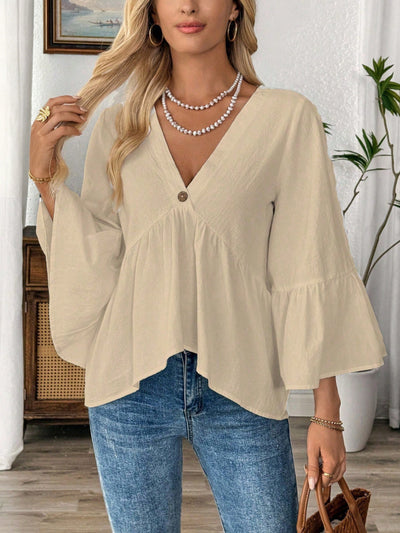 Blusa Cuello V con Mangas Volantes en Colores Sólidos - Image 23