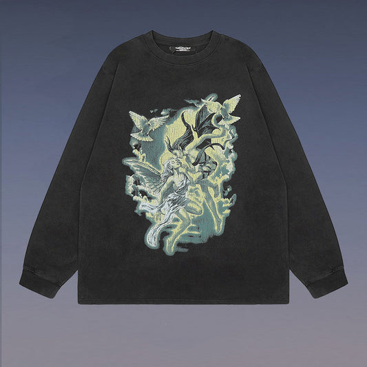 Camiseta Oversize Manga Larga con Estampado Rock Lavado