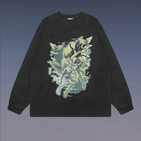 Camiseta Oversize Manga Larga con Estampado Rock Lavado