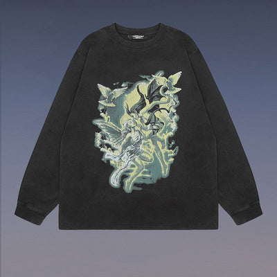 Camiseta Oversize Manga Larga con Estampado Rock Lavado