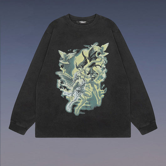 Camiseta Oversize Manga Larga con Estampado Rock Lavado