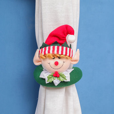 Santa Claus curtain buckle with a black and white buffalo plaid hat, white beard, and red body holding a blue curtain. - Image 14