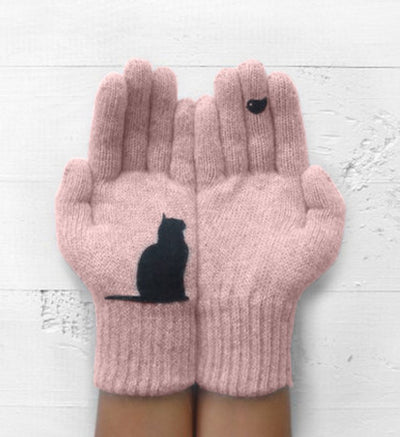 Guantes Tejidos con Estampado de Gatos y Pájaros