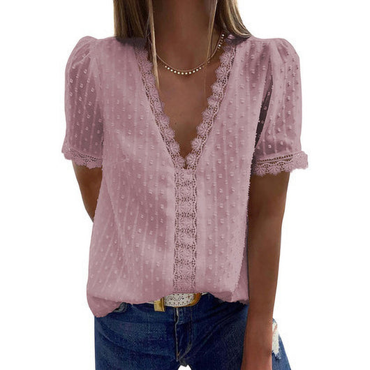 Blusa Escote V Manga Corta Jacquard Liso para Mujer - Colección Verano - Image 19