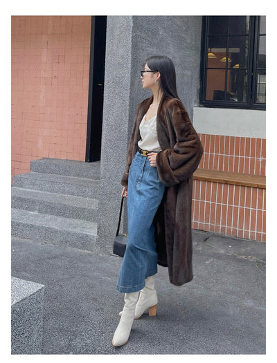 Abrigo de Visón Vintage Caramelo Cuello en V Largo para Mujer - Image 14