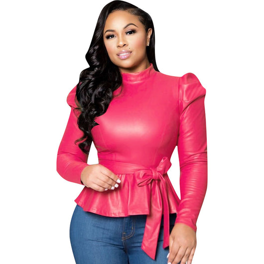 Blusa Cuello Alto Peplum en Cuero Genuino - Envío Gratis - Image 18
