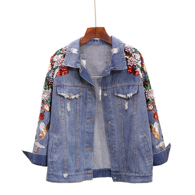 Chaqueta Denim Oversized con Bordados y Lentejuelas Reductora para Mujer - Image 7