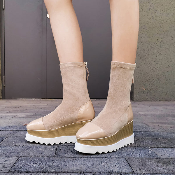 Botas Martin de Cuero con Plataforma Gruesa y Stretch - Botines Wedge Versátiles para Mujer