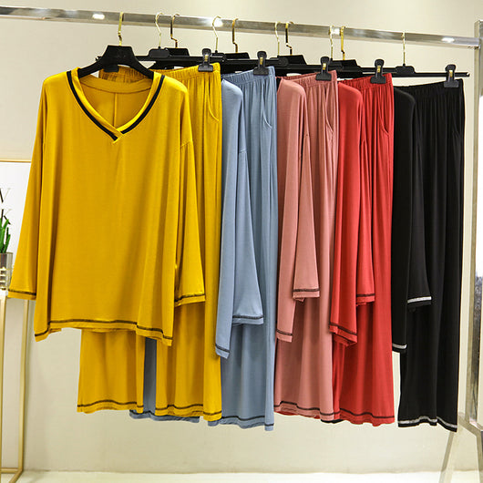 Conjunto Dos Piezas: Blusa V-Neck Contraste y Pantalón Recto Manga Larga - Image 7
