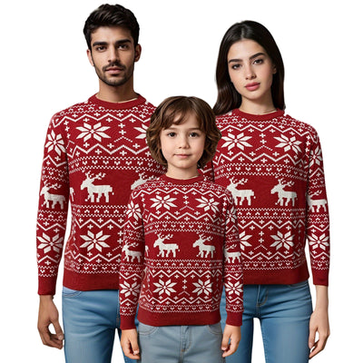 Women's black, red, and white Christmas sweater with reindeer and snowflake fair isle patterns, round neck, long sleeves. - Image 3