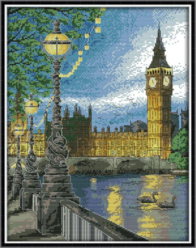 Cuadro de Punto de Cruz: Vista Nocturna de la Torre de Londres