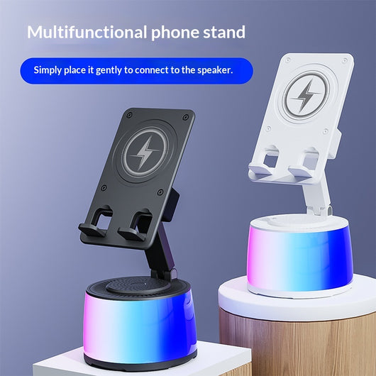 Parlante Bluetooth Portátil con Carga Inductiva y Soporte Giratorio Plegable