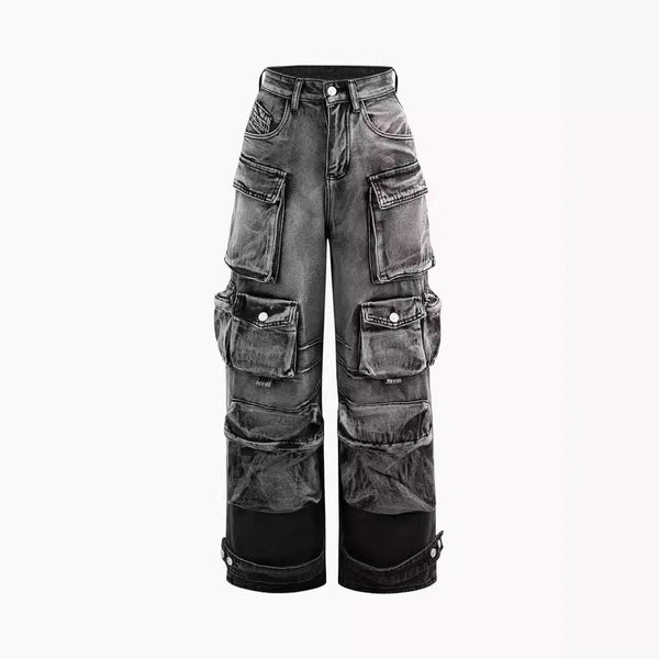 Jeans de Trabajo Estilo Urbano con Múltiples Bolsillos y Detalles Desgastados