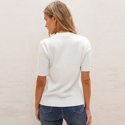 Blusa Tejida de Manga Corta con Flores 3D - Estilo Europeo Casual - Image 3