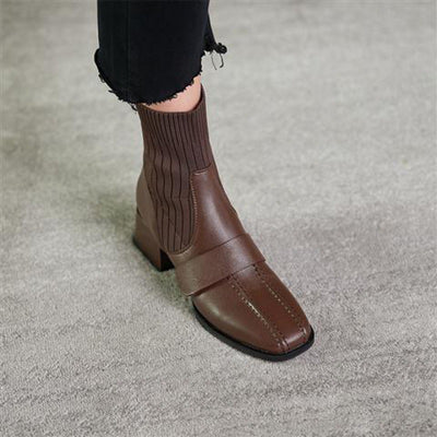Zapatos de Cuero Suave con Tacón Medio y Punta Cuadrada - Marrón - Image 4