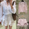 Conjunto Romántico de Blusa con Encaje y Falda Short Tableada Doble Volante