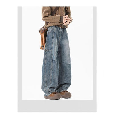 Pantalones Vaqueros Holgados Retro con Pliegues Lavados para Hombre - Image 16