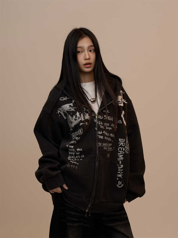 Sudadera Mujer con Capucha y Cierre - Estampado de Letras Negro