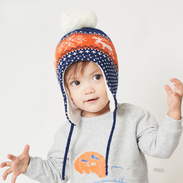 Gorro Infantil Jacquard Venado con Forro de Terciopelo - Gorro de Lana Tejida Cálida
