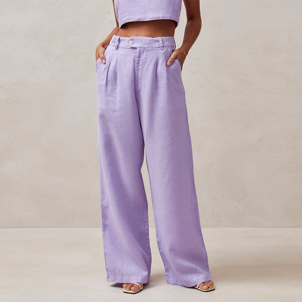 Pantalones de Lino Puro Cintura Alta Rectos para Mujer