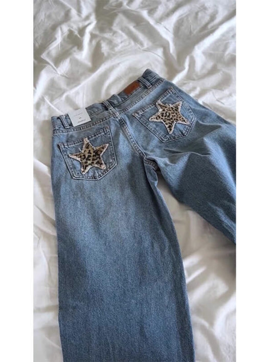 Jeans Vintage Americana con Estampado de Leopardo y Estrellas Bordadas - Image 12