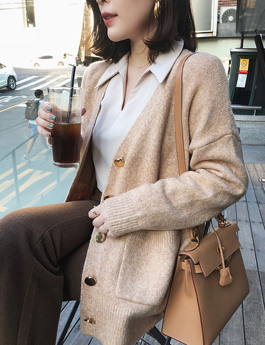 Conjunto de Dos Piezas Estilo Hong Kong: Cardigan Tejido Escote V + Pantalón Recto Holgado - Image 6
