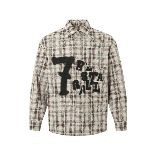 Camisa Cuadros Tie-dye Vintage Desgarrada Manga Larga Oversized