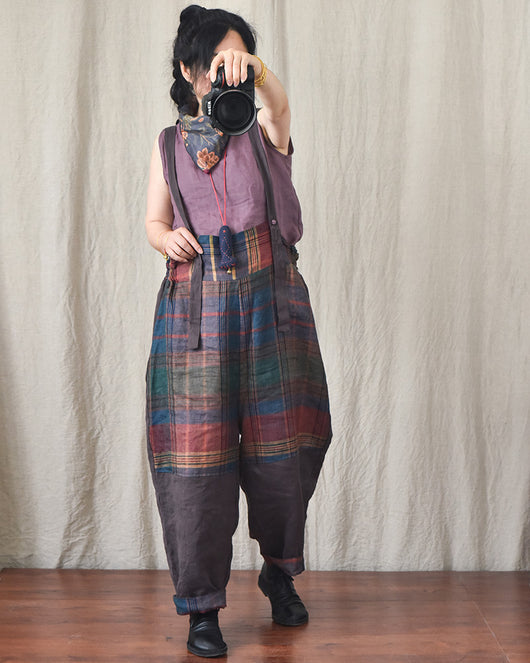 Pantalones de Lino con Tirantes y Patchwork Moderno - Image 14
