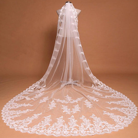 Velo de Novia Largo con Encaje Delicado