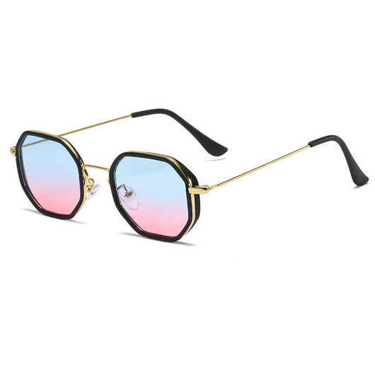 Men's personalized polygon sunglasses with black and gold frame and purple gradient UV resistant lenses. - Image 5