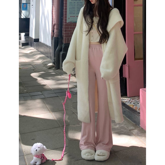 Cardigan Tejido a Mano con Capucha y Pelaje - Abrigo Largo Grueso para Primavera