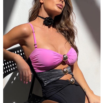 Periwinkle blue three-piece swimsuit set with bandeau bikini top, high-waisted twisted bikini bottom, and maxi sarong skirt. - Image 11