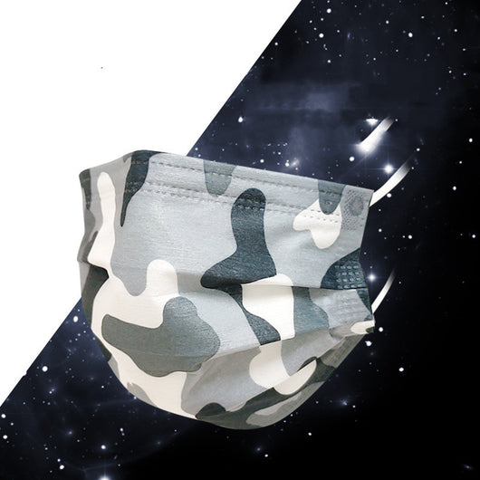 Blue camouflage disposable face mask with pleats and ear loops, featuring shades of blue and white. - Image 13