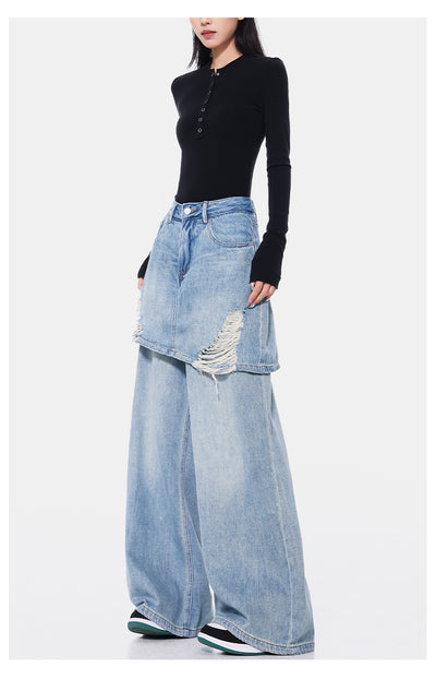 Pantalones Rectos Azul Vintage Efecto Desgastado Doble Tela para Mujer - Image 31