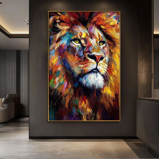 Cuadro Abstracto León Colorido - Pintura al Óleo Hecha a Mano Estilo Moderno