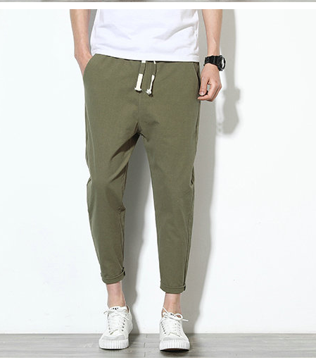 Pantalones Harem Negros de Algodón y Lino para Hombre