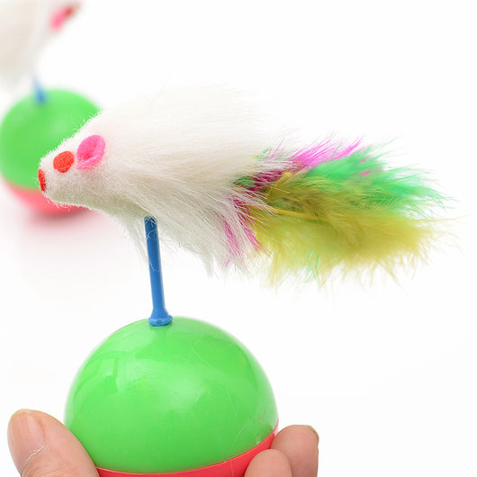 Two white mouse cat toys with colorful feathers on green and pink tumbler bases, reflected on a white surface. - Image 9
