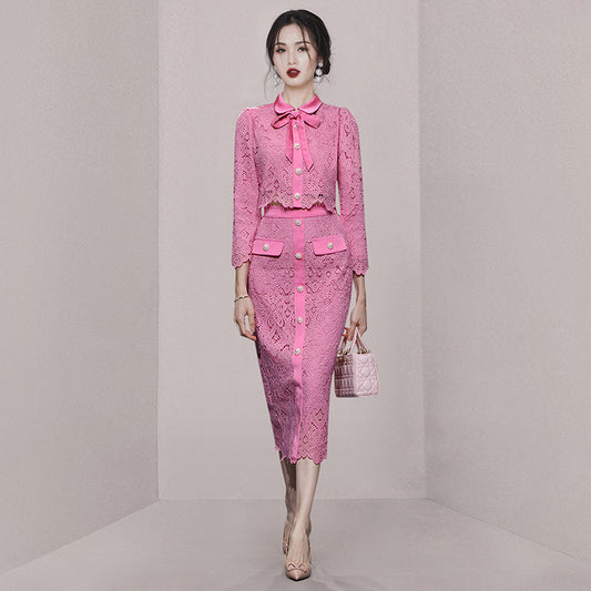 Conjunto Elegante de Encaje: Top Calado y Falda Cintura Alta - Dopamina Fashion