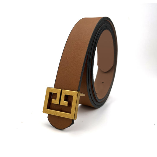 Women's brown imitation leather belt with a decorative bronze-colored square buckle featuring a geometric pattern. - Image 8