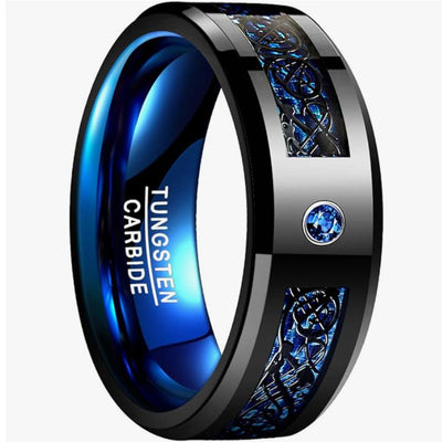 Anillo de Acero Tungsteno Azul y Negro con Incrustaciones de Circonia Cúbica para Hombre