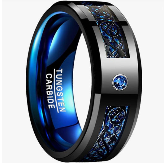 Anillo de Acero Tungsteno Azul y Negro con Incrustaciones de Circonia Cúbica para Hombre