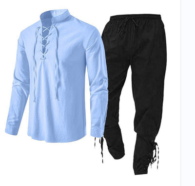 Conjunto de Dos Piezas: Camisa Casual de Lino y Algodón Manga Larga Color Sólido - Image 21